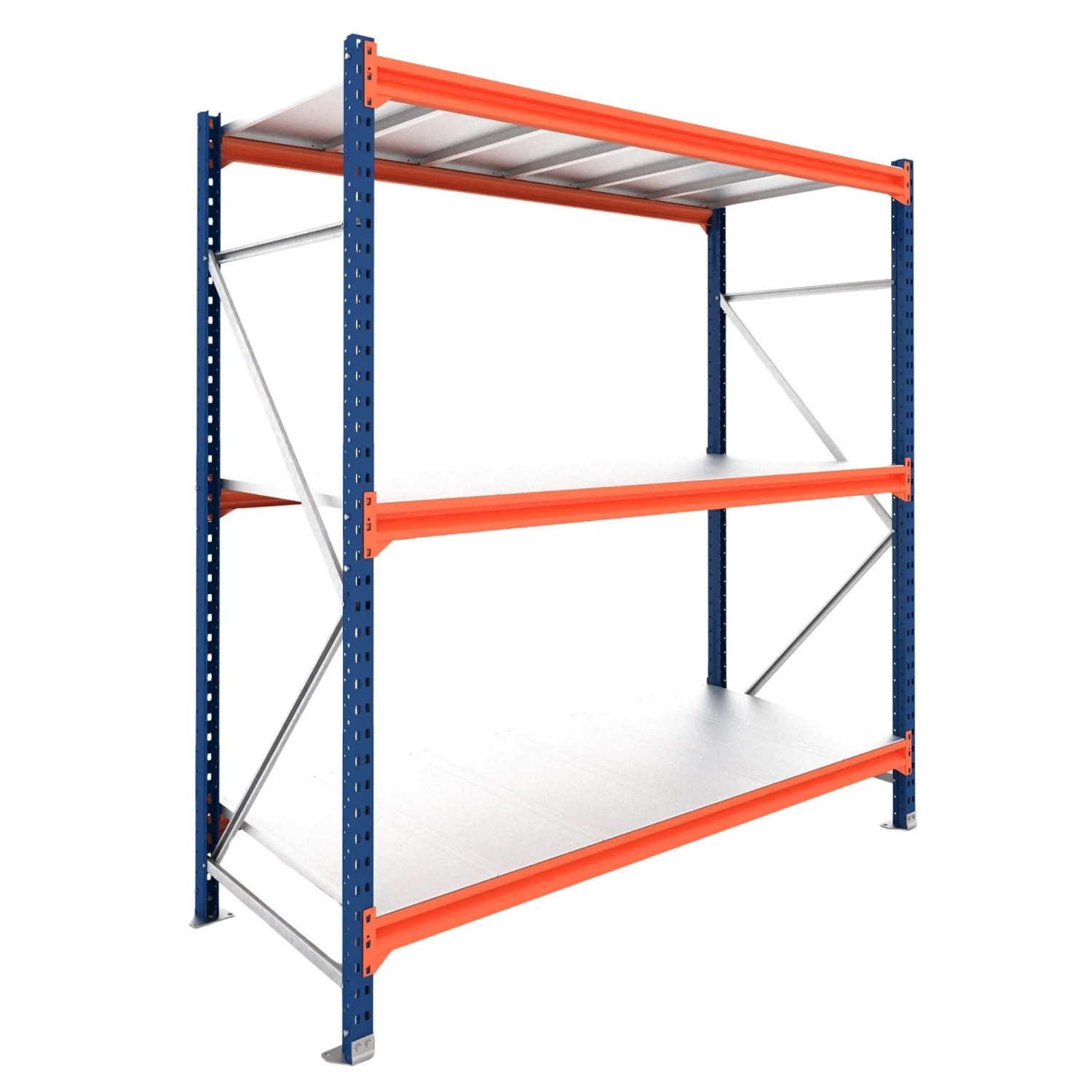PROREGAL Weitspannregal Schwerlastregal DOMINUS Grundregal 200x240x100cm 3 Ebenen Stahlplatten-Fachboden Fachlast 332 kg Blau/Orange