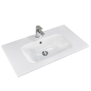 Pelipal Quantum 07 Waschtisch aus Mineralmarmor, weiß, 81 cm breit, mit Armatur und Überlauf.