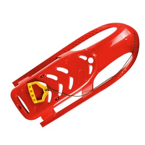 Roter Ondis24 Kinderschlitten "Bullet" mit Metallkufen und gelbem Griff.