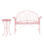 Rosa Bistro Set CAVINIA aus Metall mit 2-Sitzer Gartenbank und Beistelltisch im Jugendstil-Design.