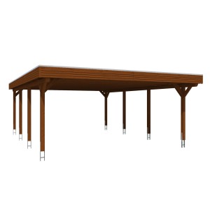 Skan Holz Carport Spessart, Flachdach, 611x846 cm, Nussbaumfarbenes Leimholz, Aluminium Dachplatten.