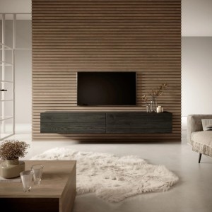 Modernes Selsey TV-Hängeboard Bisira 200 cm in Schwarzgrau Holzoptik, wandmontiert unter TV im Wohnzimmer.