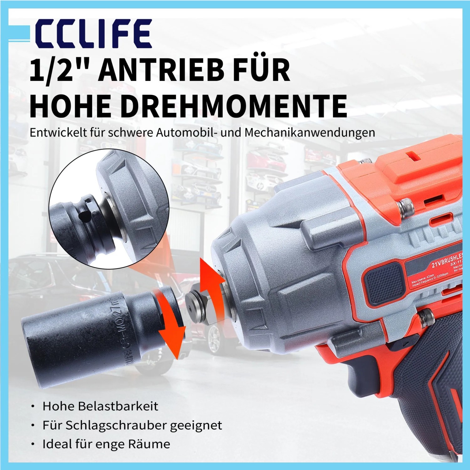 Schlagschrauber mit 1/2 Zoll Nuss für hohe Drehmomente. Robustes Chrom-Molybdän-Set für Kfz- und Mechanikanwendungen.