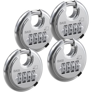 4er Set Basi Rundbügel-Vorhangschlösser, 70mm, mit Zahlenschloss und Edelstahlgehäuse.