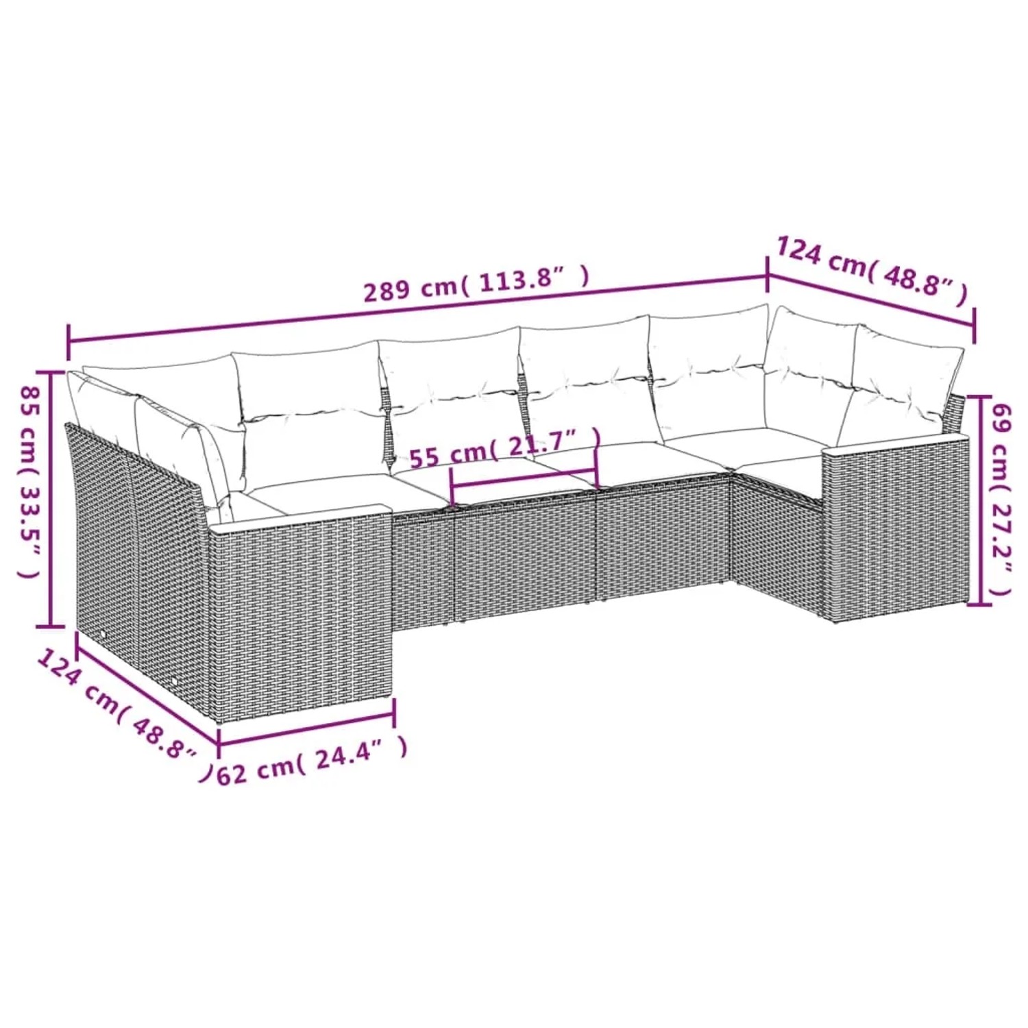 Beige 7-teilige Garten-Sofagarnitur aus Polyrattan mit Kissen, Maße eingezeichnet.