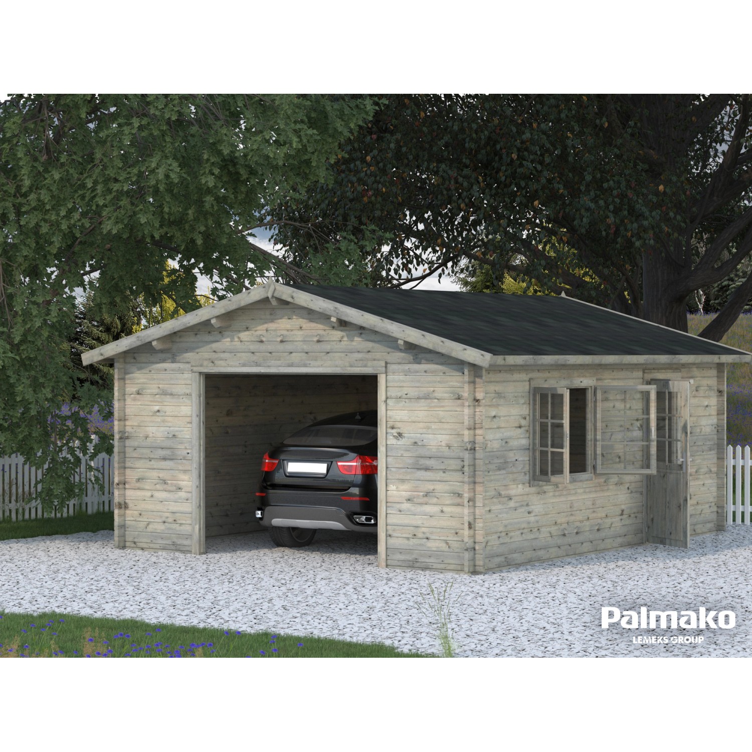 Palmako Holzgarage Roger, grau tauchgrundiert, mit Fenster und Tür. Auto steht in der Fertiggarage.