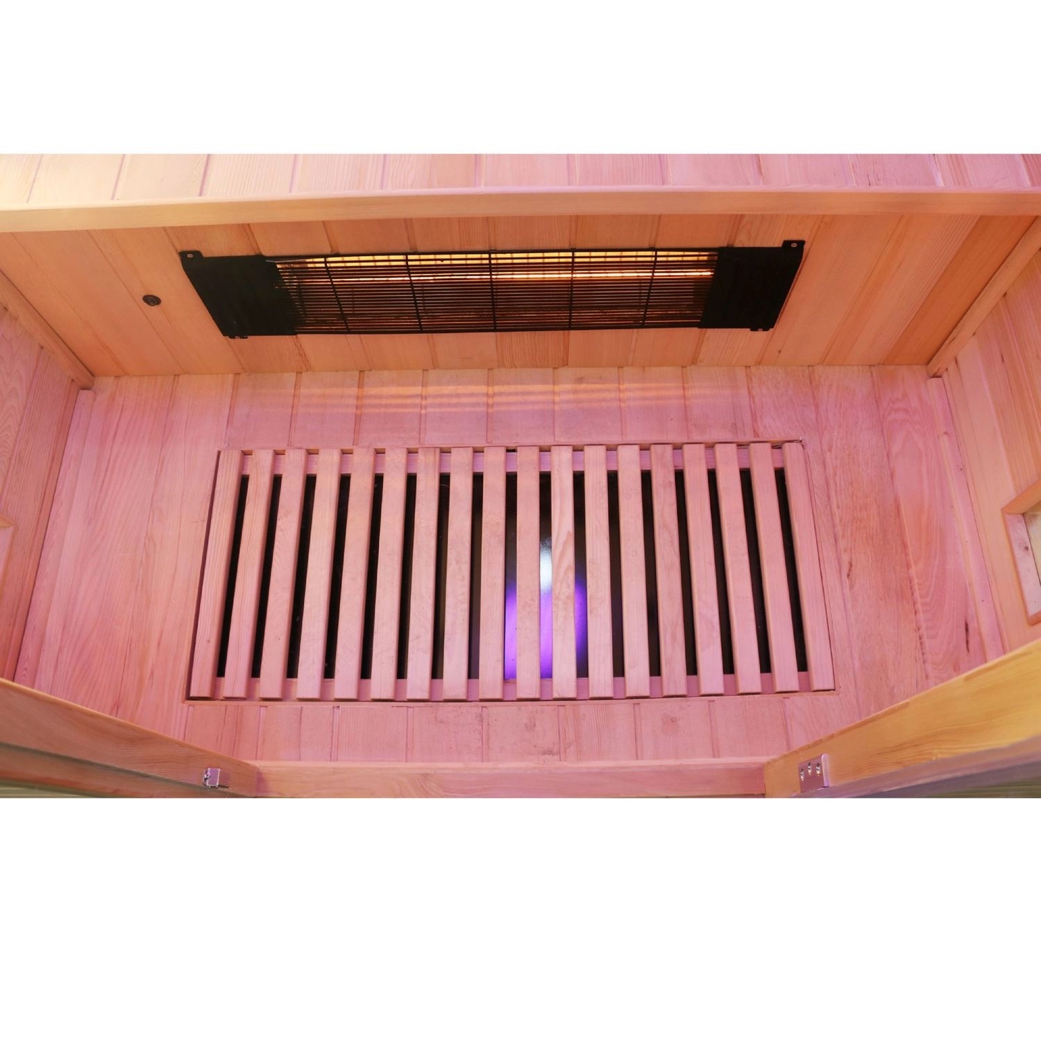 Innenansicht Dewello Infrarotkabine Pierson mit Vollspektrumstrahler und Karbonstrahler aus Hemlock Tannenholz.
