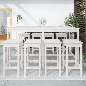 9-teiliges Gartenbar-Set aus Kiefernholz, weiß lackiert. Bartisch mit 8 Barstühlen. Gartenmöbel für Terrasse und Garten.