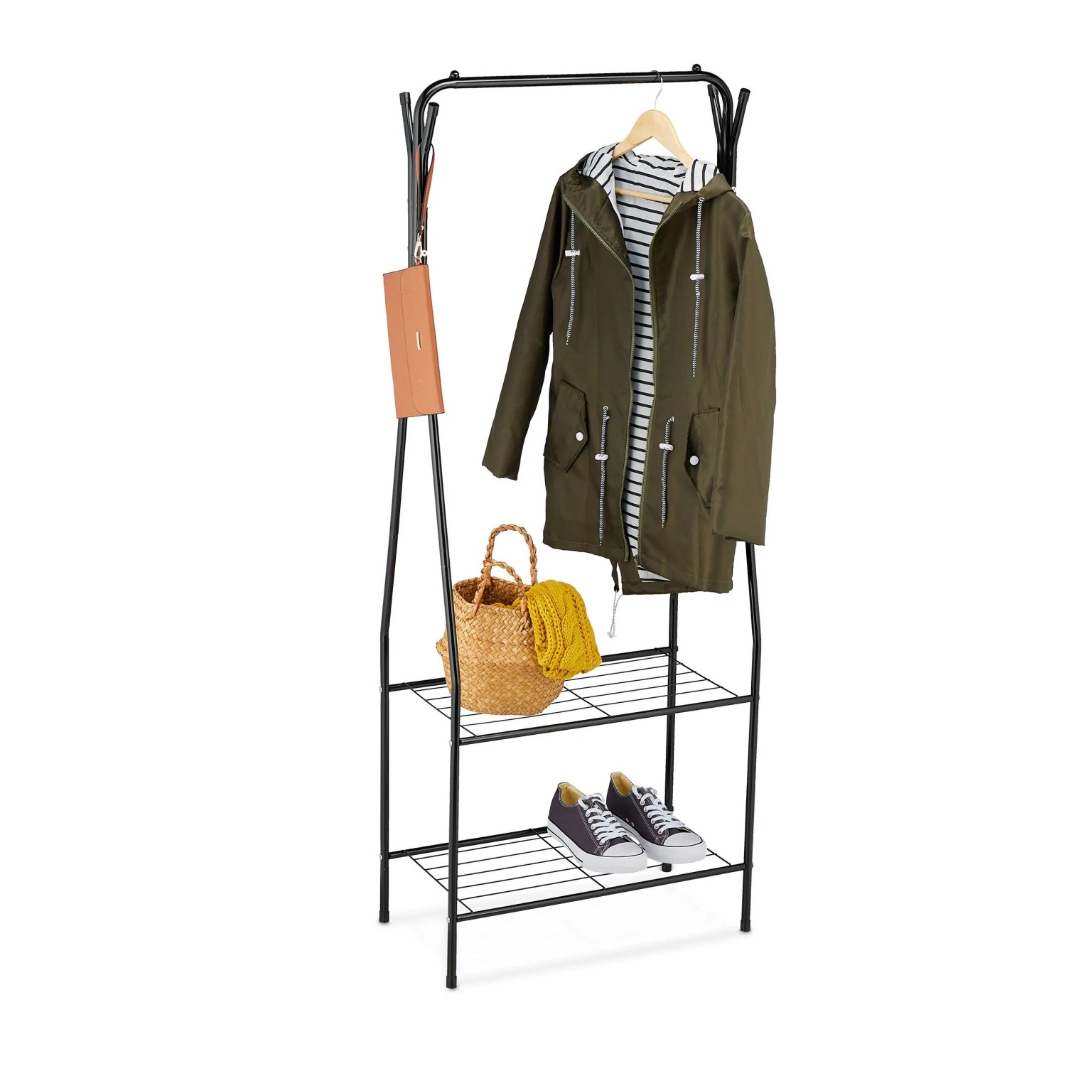 Relaxdays Kleiderständer Eisen Schwarz Freistehend mit 2 Ablagen 158 cm x 60 cm x 33 cm 1,9 kg
