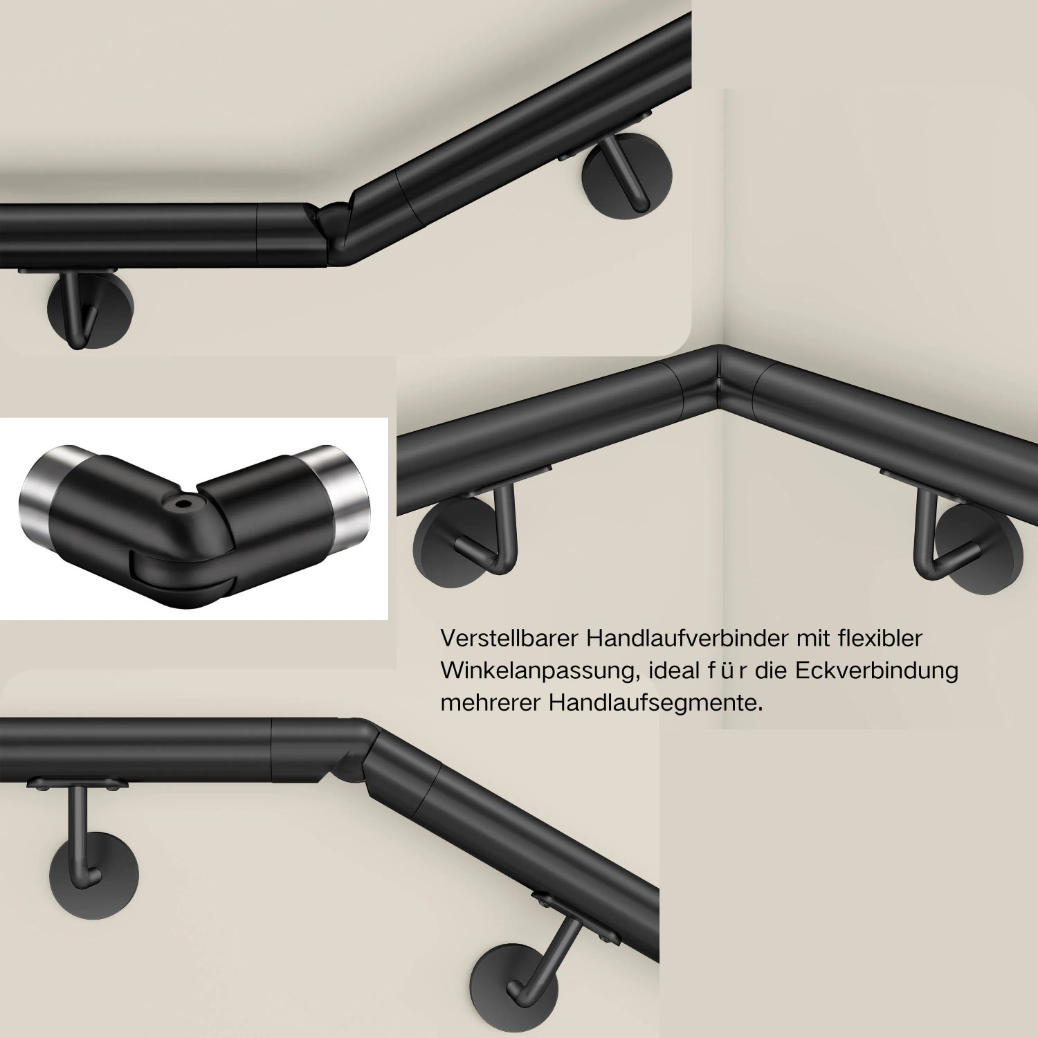 AICA Handlaufverbinder Edelstahl Winkelverstellbar Schwarz Zum Verbinden Mehrerer Handläufe_4