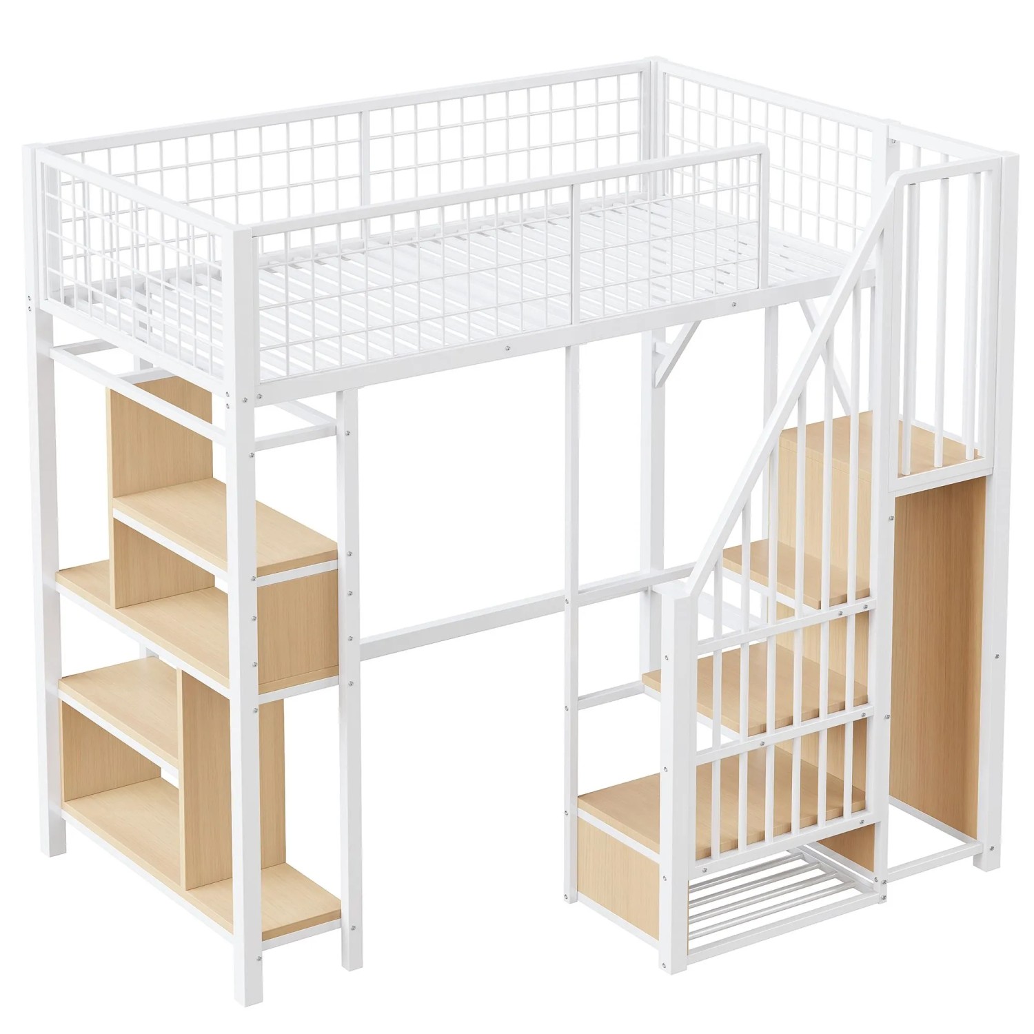 okwish Hochbett 90x200cm mit Stauraum Treppe Kinderzimmer Weiß ohne Matratze