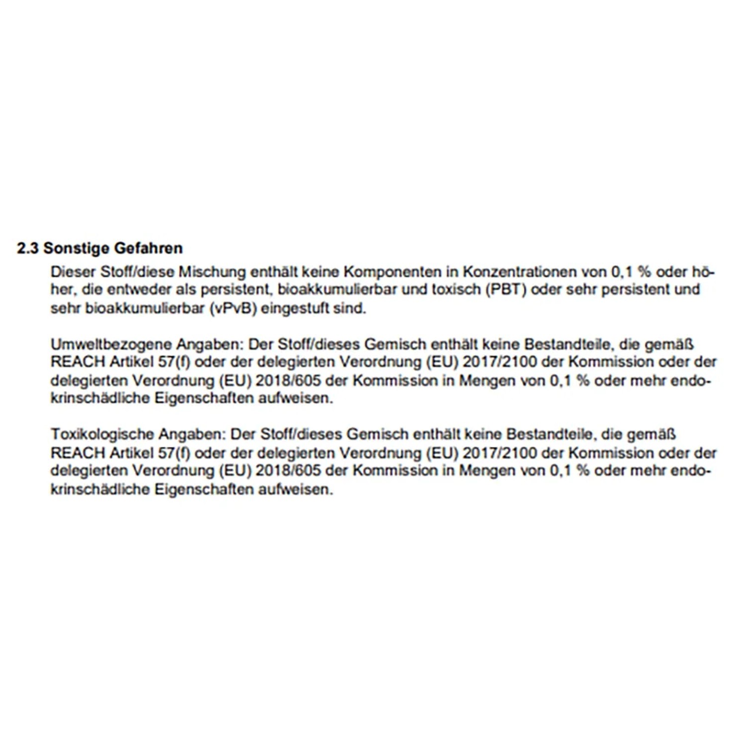 Sicherheitsdatenblatt: Hinweise zu Inhaltsstoffen und Umweltinformationen des Produkts.