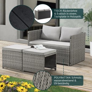 Graue Svita Athina Polyrattan Gartenmöbel Sitzgruppe mit Sofa, zwei Hockern, hellgrauen Kissen. Tischplatte in Holzoptik. Ideal für Balkon.