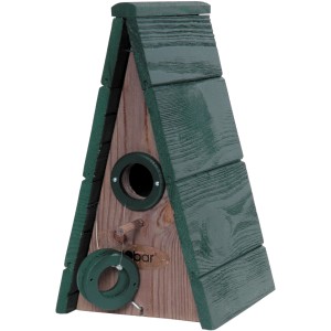 Dunkelbraun-grüner Dreiecksnistkasten aus Holz (28x17cm) von Dobar, mit variablen Öffnungen.