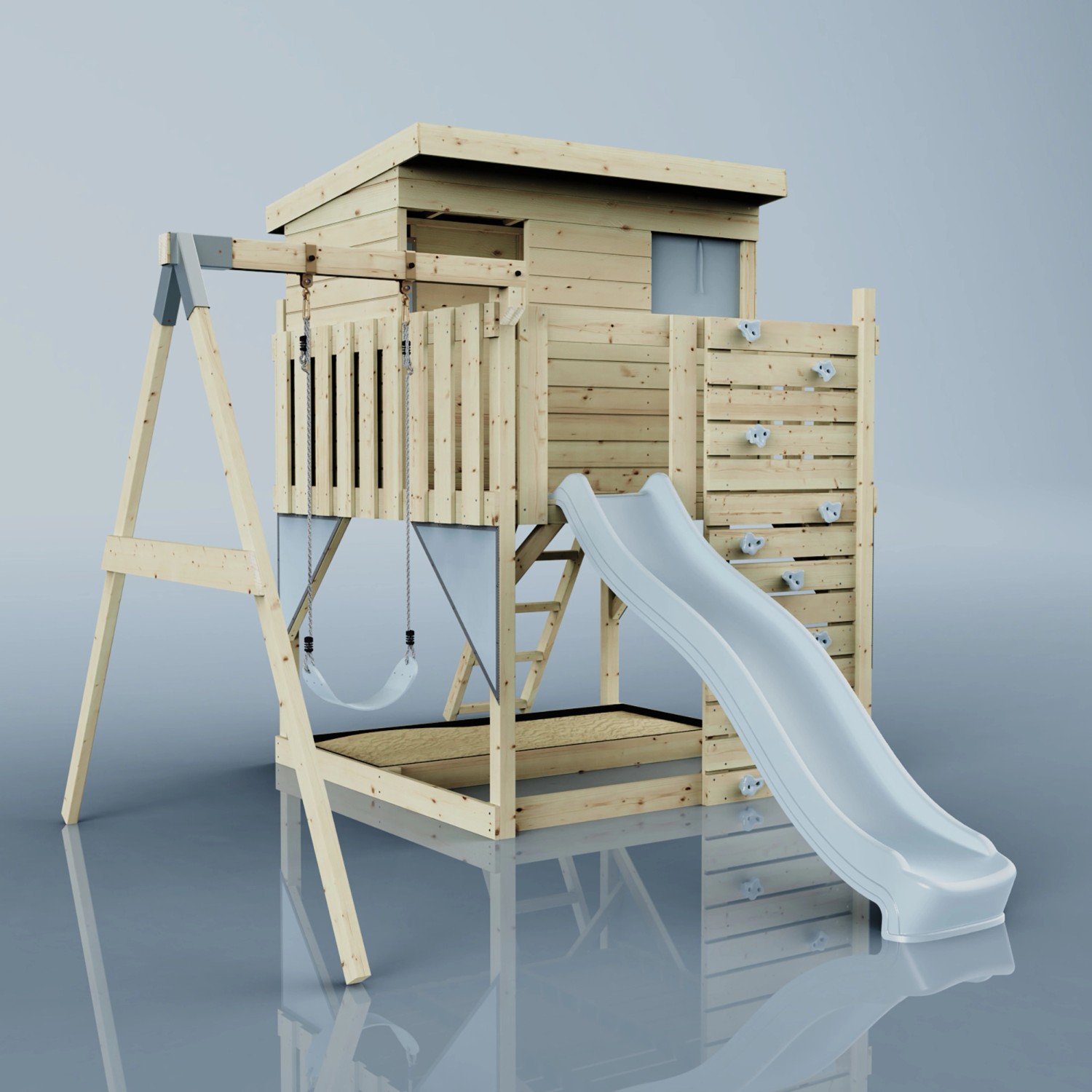 PolarPlay Spielturm Tjorven mit Schaukel und Rutsche aus Holz, eisblau.