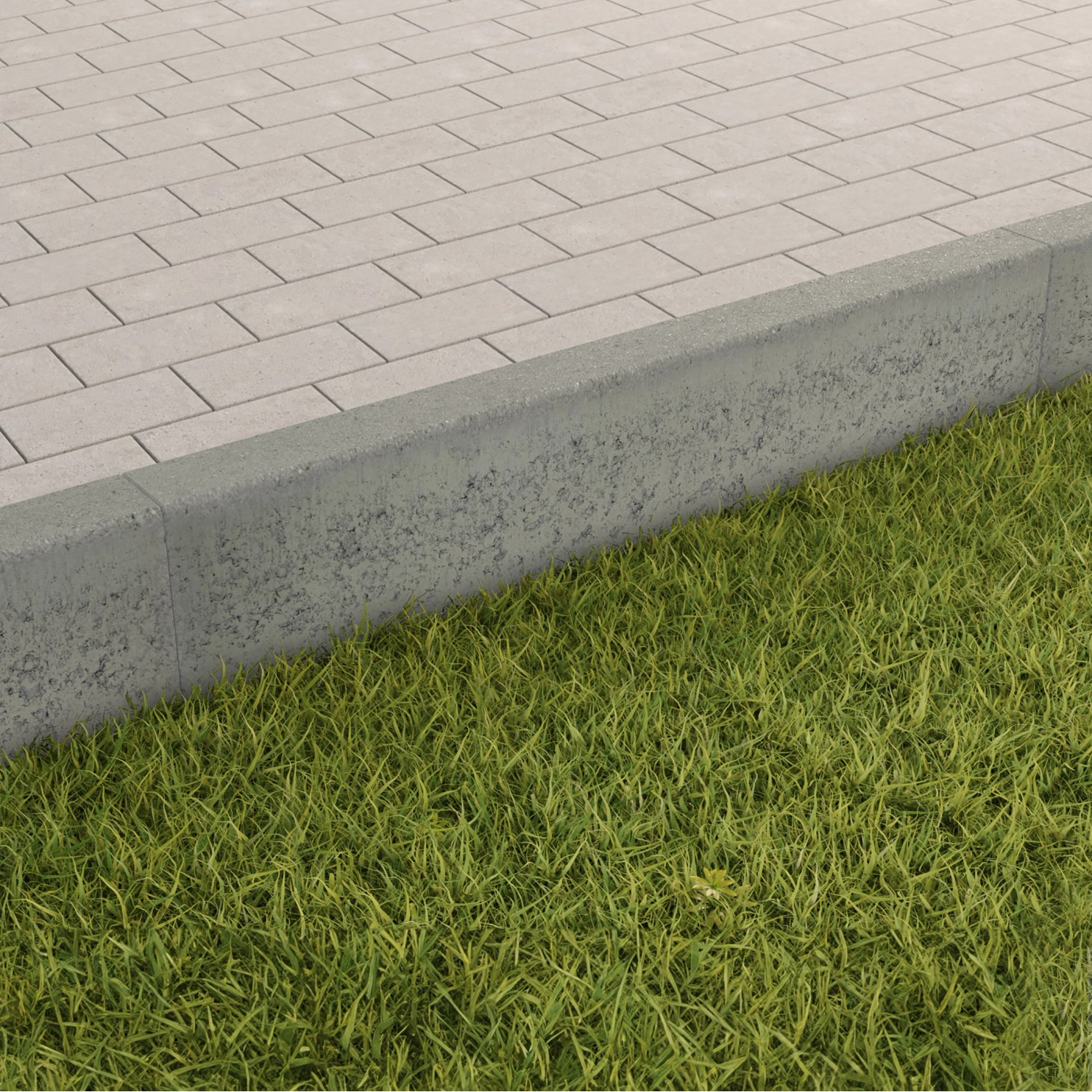 Grauer Tiefbordstein aus Beton (100x20x8 cm) als Wegeinfassung zu Pflaster und Rasen.