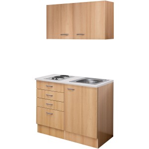 Flex-Well Miniküche Nano 100 cm in Buche Nachbildung mit Kochfeld und Spüle.
