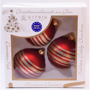Vitbis 3er Set Glas-Weihnachtskugeln, rot-matt mit goldenen Streifen, Ø 8cm.