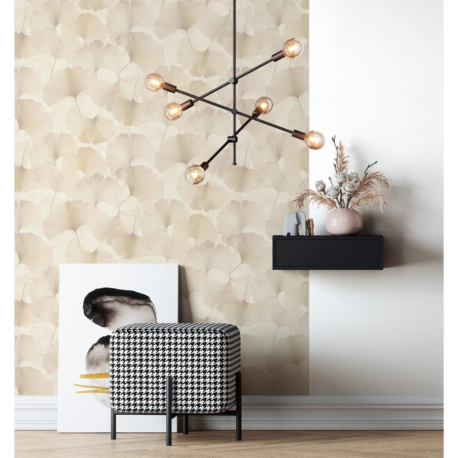Newroom Vliestapete Druina Creme mit Blumenmuster und Struktur.