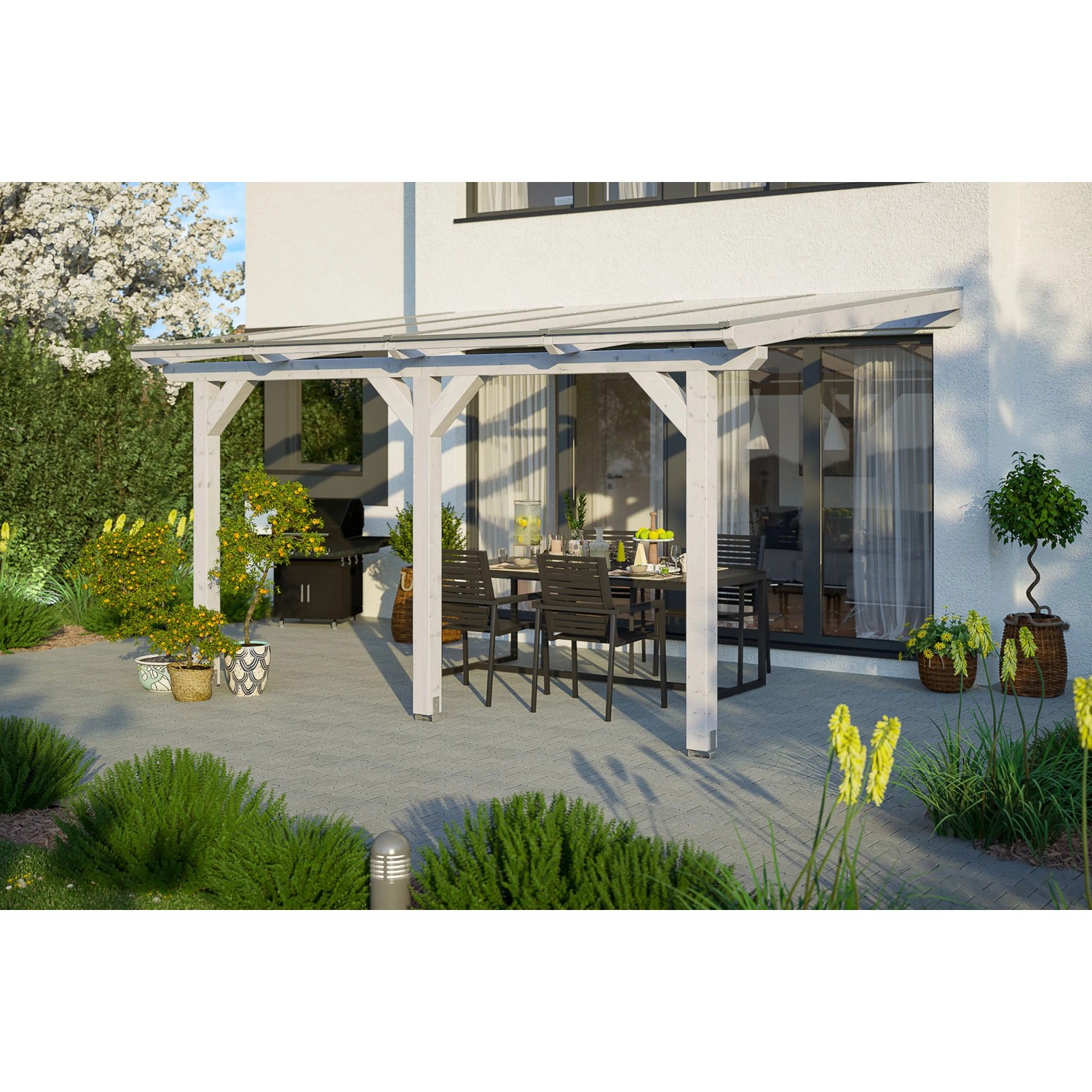 Skan Holz Terrassenüberdachung Andria 434 x 250 cm Leimholz Weiß günstig online kaufen