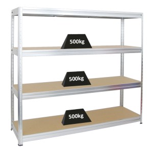 Verzinktes PROREGAL Schwerlastregal Dino mit 4 Böden, belastet mit Gewichten.