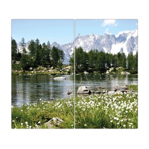 2-teilige Glas Herdabdeckplatte mit Bergidylle Motiv, auch als Schneidebrett nutzbar.