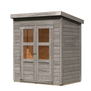 Karibu Gartenhaus Vellinge 2, vorvergraut, mit Doppeltür und Pultdach. Ideal zur Gartengeräte Aufbewahrung.