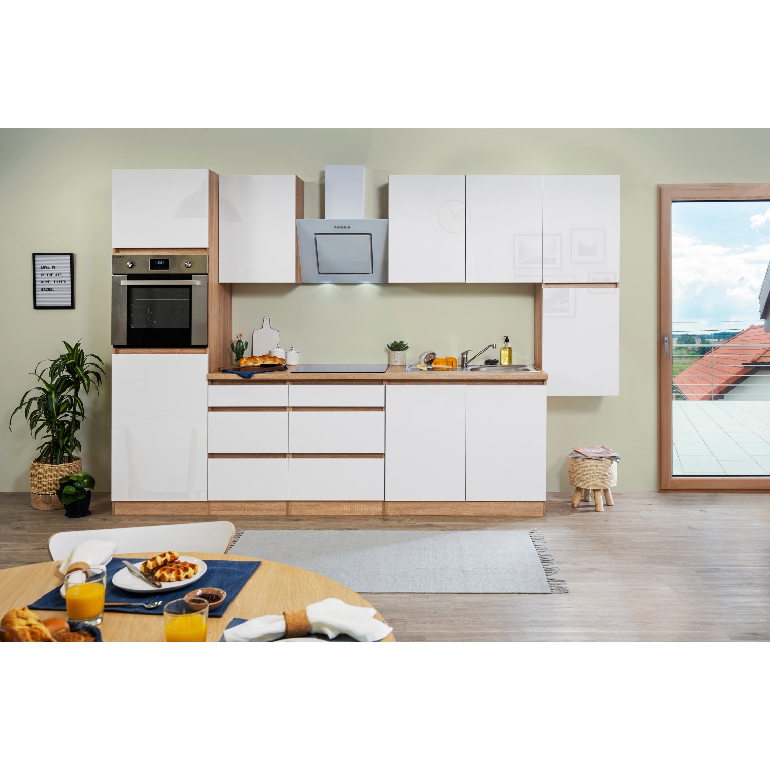 Respekta Küchenzeile/Küchenblock GLRP320HESW Grifflos 320 cm Weiß Hochglanz-Sonoma Eiche