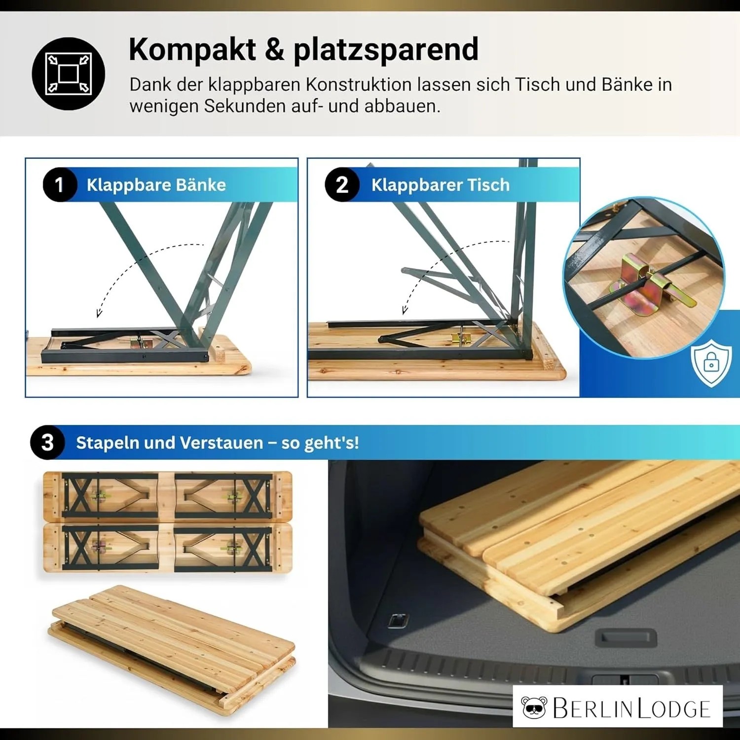 CHEFGASTRO Bierzeltgarnitur WIESN: Klappbare Bänke und Tisch, platzsparende Lagerung im Auto.