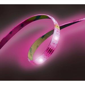 Flexibler MegaLight Smart LED Streifen RGB, 5m, mit selbstklebender Rückseite und pinkfarbener Beleuchtung.