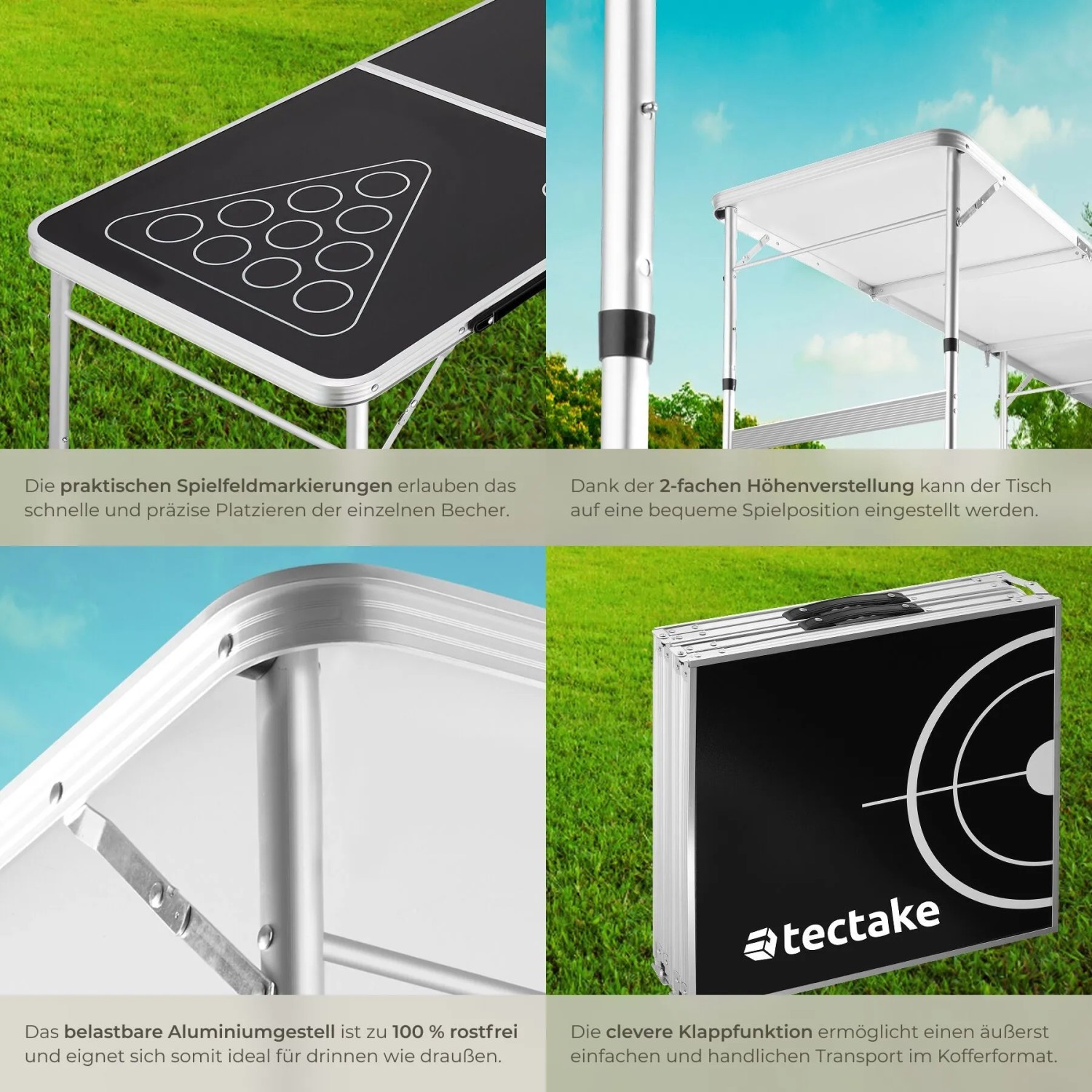 Tectake Bierpongtisch, klappbar und höhenverstellbar, mit Spielfeldmarkierungen und Aluminiumgestell.