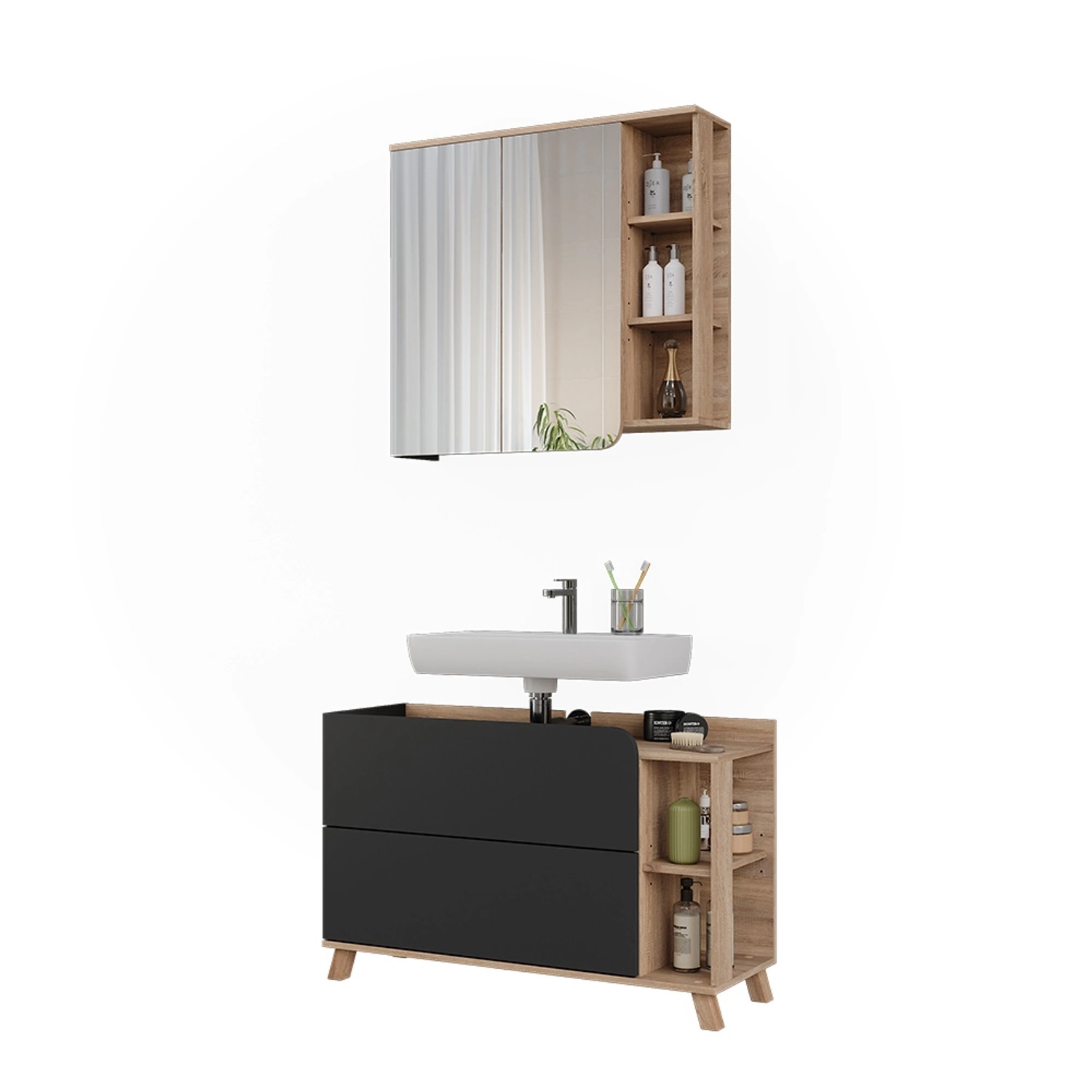 Vicco Badmöbel-Set Karen, 2-teilig in Sonoma Eiche/Anthrazit mit Waschbeckenunterschrank und Spiegelschrank.