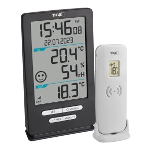 TFA Funk-Thermometer Xena Home mit Außensender in Anthrazit zeigt Innen- und Außentemperatur.