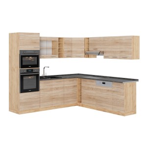 Vicco R-Line Eckküche in Sonoma/Goldkraft Eiche mit anthrazitfarbener Arbeitsplatte.