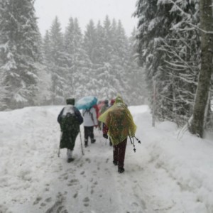 Gelber Regenponcho mit Kapuze schützt Wanderer im Schnee. Praktischer Wetterschutz für Camping & Outdoor.