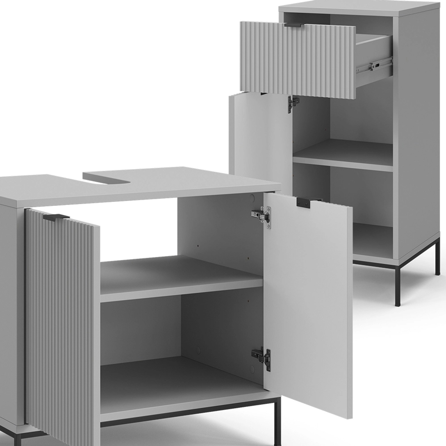 Graues Vicco Badmöbel-Set Eliza, 3-teilig: Waschtischunterschrank, Spiegelschrank und Midischrank.