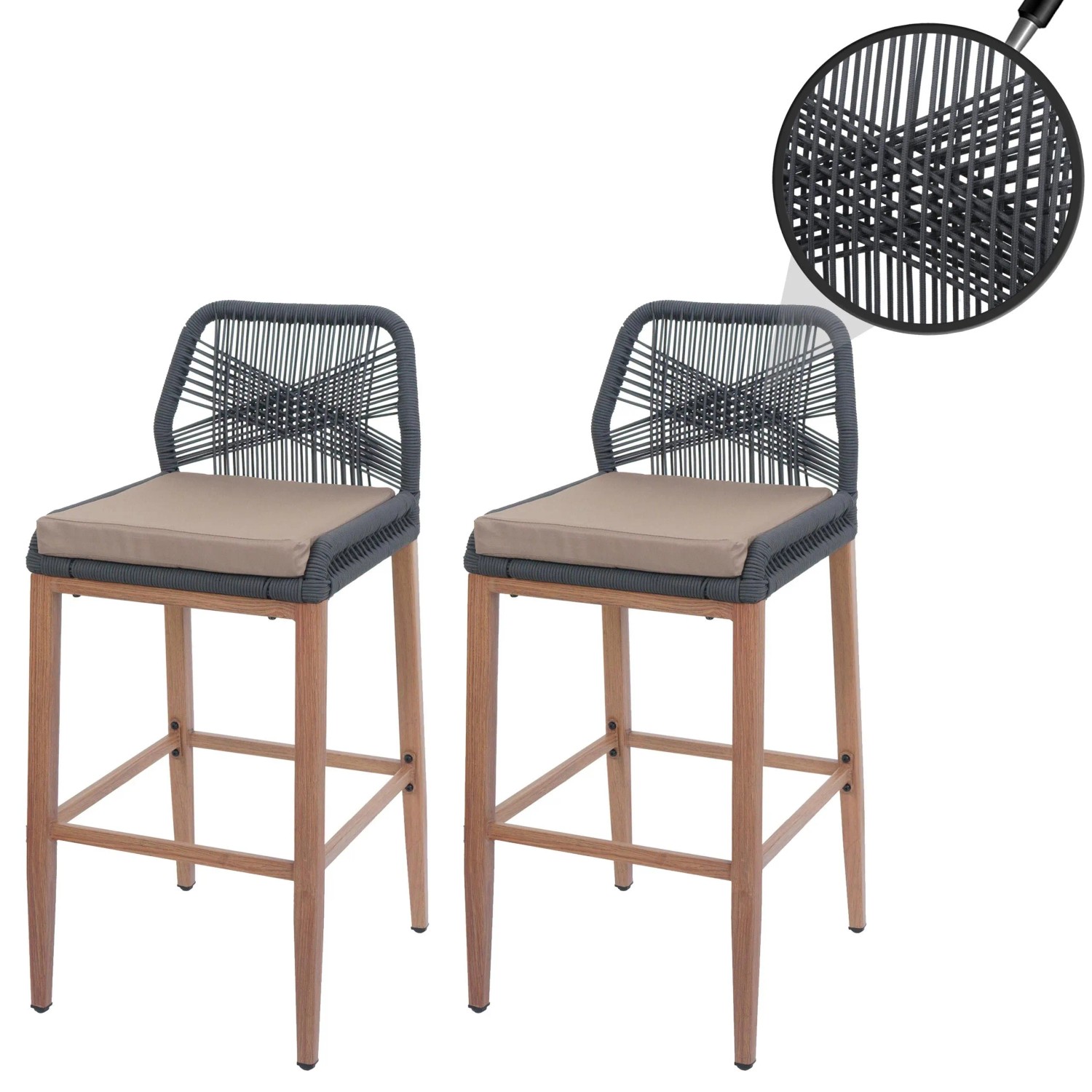 Zwei anthrazitfarbene Rope-Barhocker mit taupefarbenen Kissen, Holz-Optik Beinen und Fußstütze. Modernes 2er-Set für Outdoor.