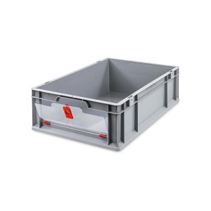 Graue PROREGAL Eurobox mit transparentem Deckel und rotem Verschluss, 34 Liter.