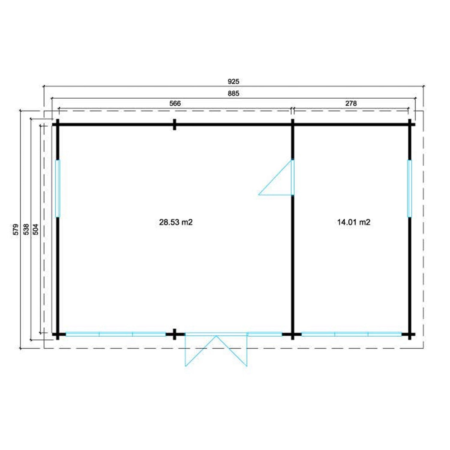 Grundriss Alpholz Gartenhaus Campus-70, Flachdach, 925x579 cm, hellbraun, mit Raumaufteilung und Maßen.