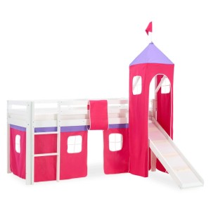 Weißes Homestyle4u Hochbett 90x200 mit pinkem Vorhang, Rutsche und Turm für Kinder.