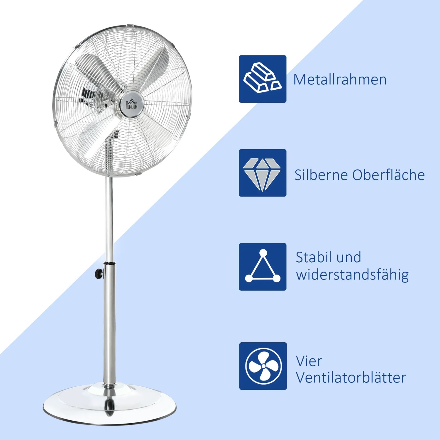 HOMCOM Standventilator aus Stahl, silberfarben, höhenverstellbar.