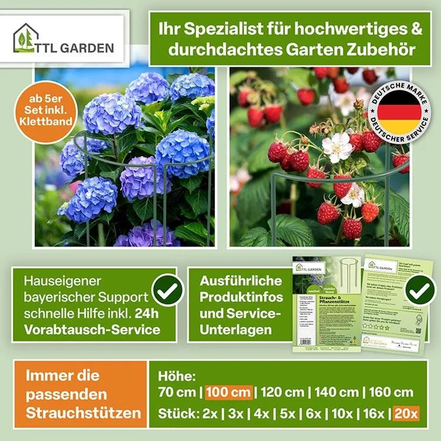 Grüne Metall-Strauchstützen 100x40cm im 20er Set stützen Hortensien & Himbeeren. Inkl. Klettband für Pflanzen im Garten.