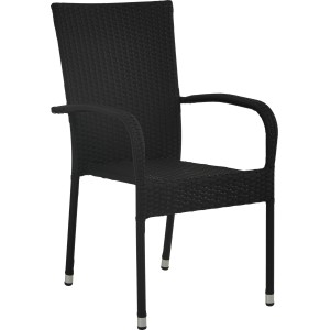 Schwarzer Stapelstuhl Soncor aus Polyrattan und Stahl, ideal für Garten und Terrasse.