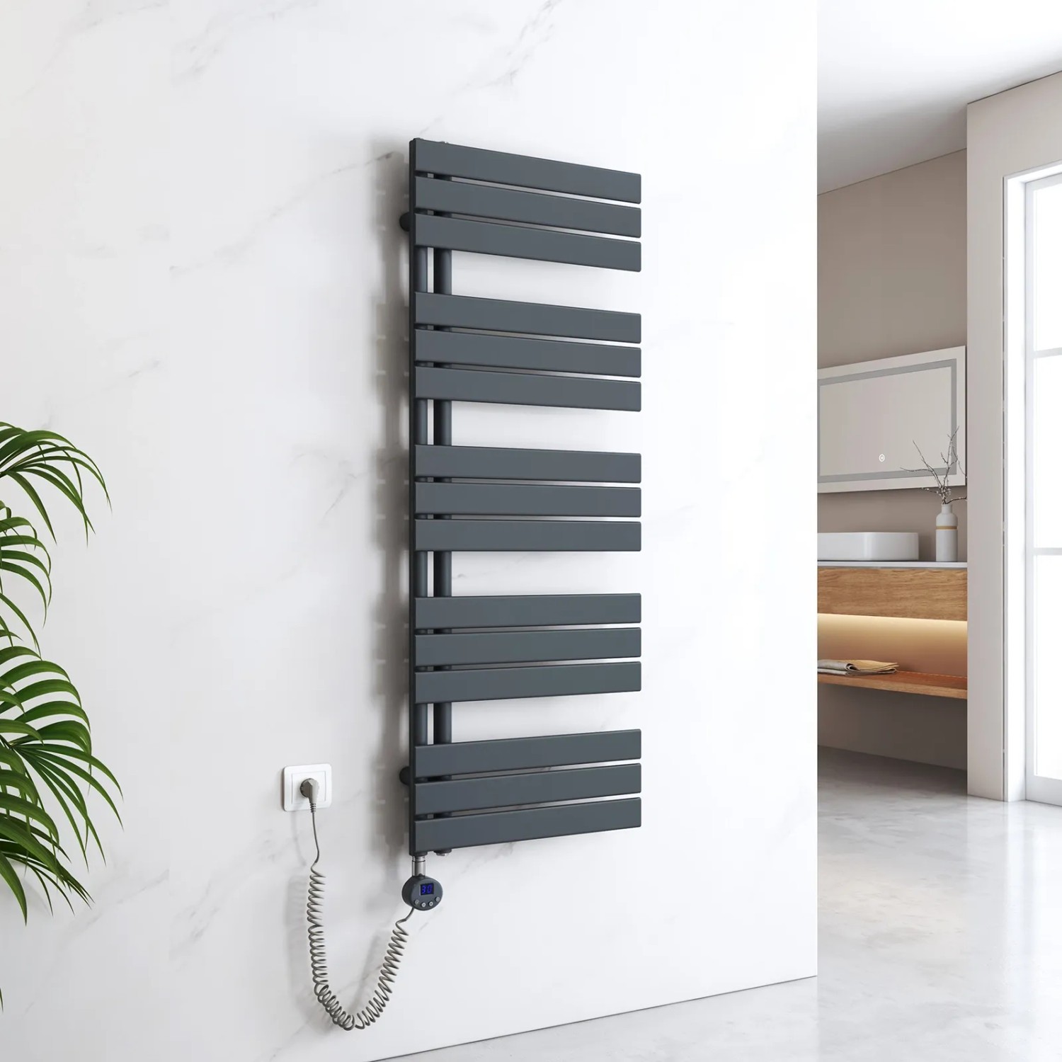 Elektrischer Badheizkörper in Anthrazit (50x132cm, 800W) mit Thermostat und Timer zur Handtuchtrocknung.