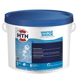 Eimer HTH MiniTab Shock 20g Chlortabletten 5kg zur Poolpflege und Desinfektion.
