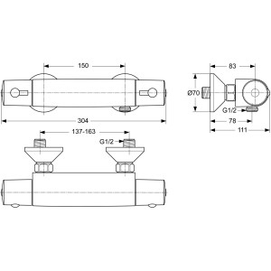 Technische Zeichnung: Ideal Standard Ceratherm 50 Thermostat-Armatur, verchromt, mit Maßangaben.