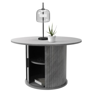 Runder Couchtisch in Beton-Optik Grau, Ø80 cm, mit integriertem Stauraum und Schiebetür. Moderner Wohnzimmertisch.