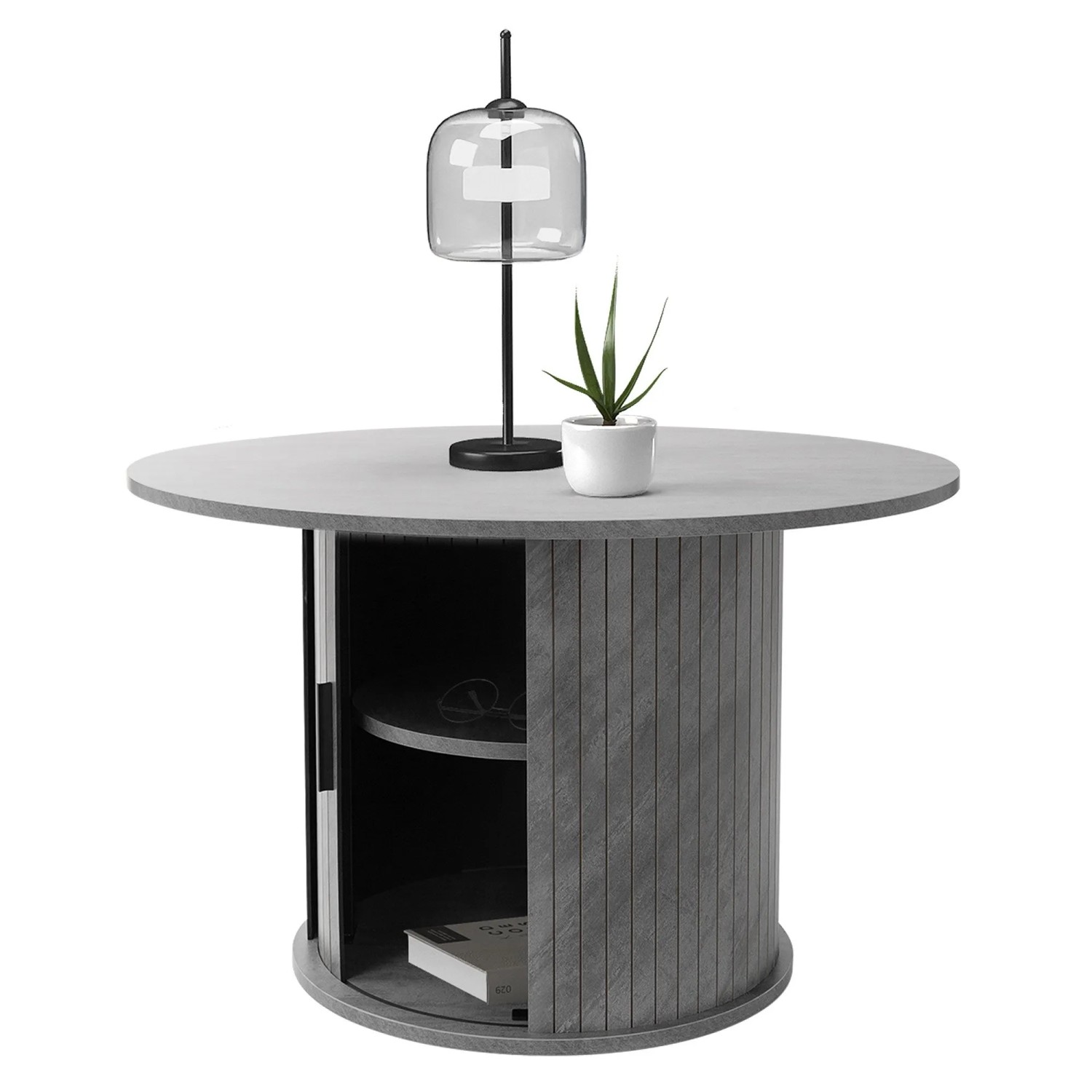 Runder Couchtisch in Beton-Optik Grau, Ø80 cm, mit integriertem Stauraum und Schiebetür. Moderner Wohnzimmertisch.