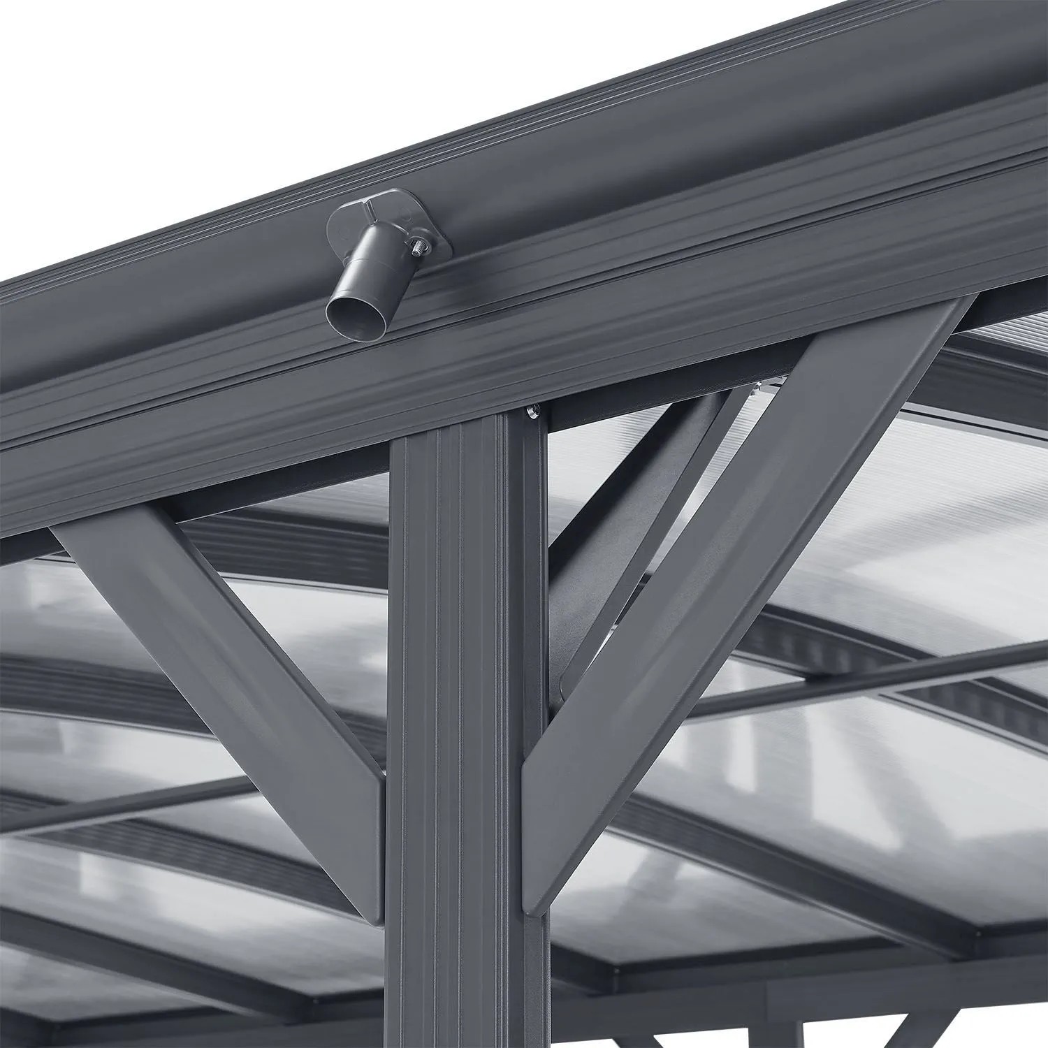 Detailansicht Juskys Carport 5x3 m Dunkelgrau: Stützpfosten, Dachverstrebung und Regenrinne.