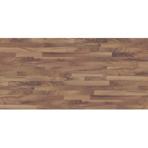 Laminat in Nussbaum Optik mit Maserung, geeignet für Fußbodenheizung.
